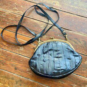 Vintage LEE SANDS Black Eel Skin Crossbody Shoulder Clutch Purse Kiss Lock EUC